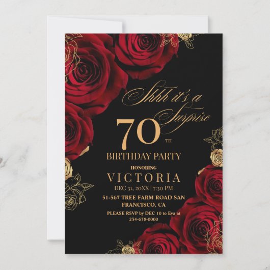 赤エレガント黒バラ70誕生日 招待状 (正面)