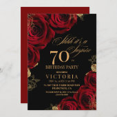 赤エレガント黒バラ70誕生日 招待状 (正面/裏面)