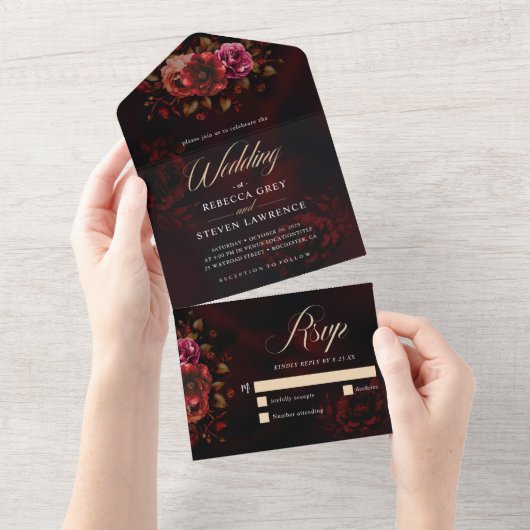 赤エレガント黒フローラ結婚のロマンチックな オールインワン招待状 (貼ってはがせる)