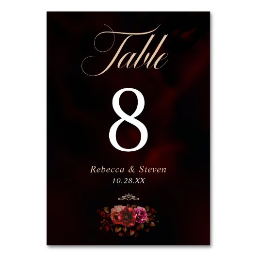赤エレガント黒フローラ結婚のロマンチックな テーブルナンバー (裏面)