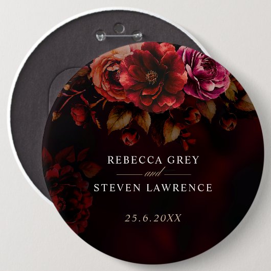 赤エレガント黒フローラ結婚のロマンチックな 缶バッジ (正面&裏面)