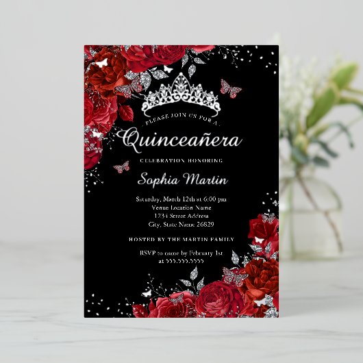 赤エレガント黒フローラ蝶キンセアニェラ 箔招待状 (立ち正面)