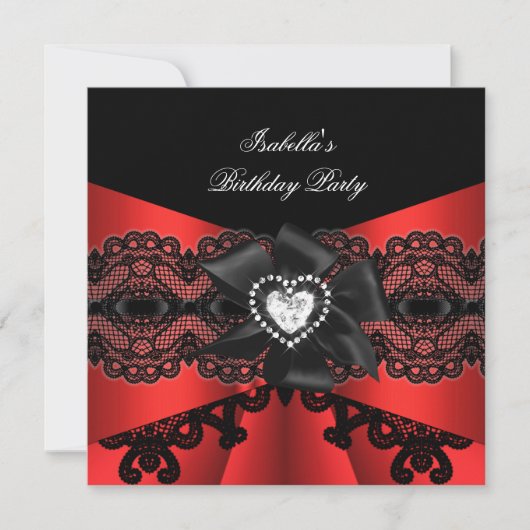 赤エレガント黒レースダイヤモンドボウ誕生日パーティー 招待状 (正面)