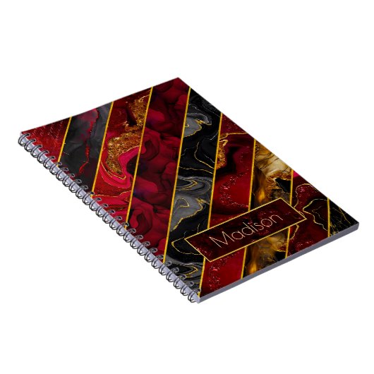 赤エレガント黒金ゴールドガーリーグリッターストライプの ノートブック (右側)