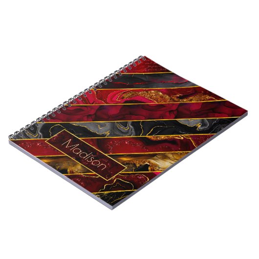 赤エレガント黒金ゴールドガーリーグリッターストライプの ノートブック (左側)