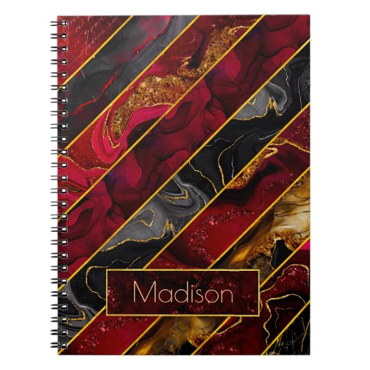 赤エレガント黒金ゴールドガーリーグリッターストライプの ノートブック (正面)