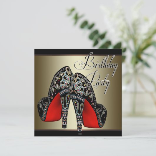 赤エレガント黒金ゴールドハイヒール誕生会 招待状 (スタンド正面)