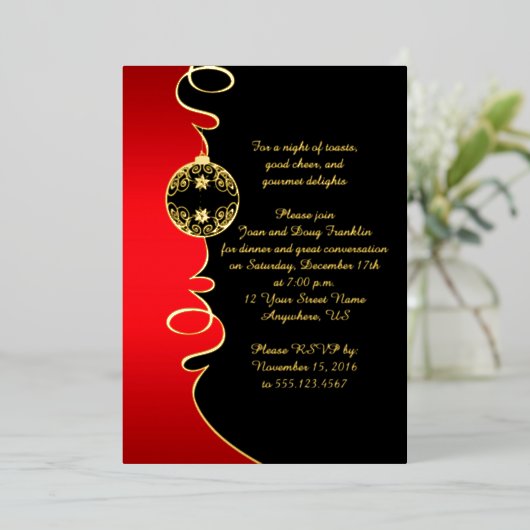 赤エレガント黒金ゴールド渦巻きクリスマスパーティー 箔招待状 (立ち正面)