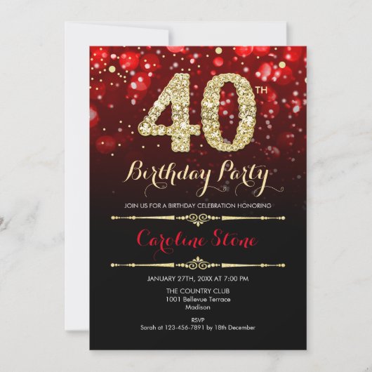 赤エレガント黒金ゴールド40歳の誕生日 招待状 (正面)