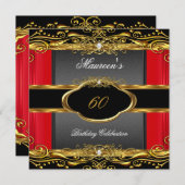 赤エレガント黒金ゴールド60th誕生日パーティー 招待状 (正面/裏面)