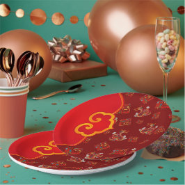 赤エレガント龍中国の新年ラッキー記号福 ペーパープレート