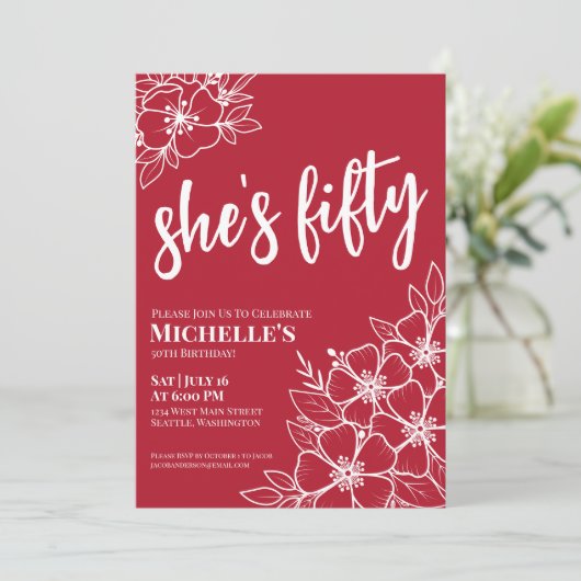 赤エレガント50歳の誕生日パーティー 招待状 (スタンド正面)