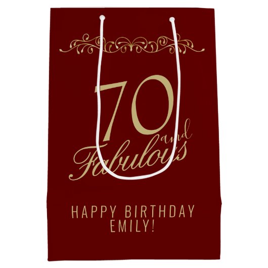 赤エレガント70と素晴らしいオーナメント70誕生日 ミディアムペーパーバッグ (裏面)