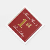 赤エレガント、フェイク金ゴールド1回目の誕生日+名前をカスタムする スタンダードランチョンナプキン (角)