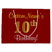 赤エレガント、フェイク金ゴールド10誕生日、名前をカスタムする ラージペーパーバッグ (裏面)