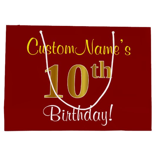 赤エレガント、フェイク金ゴールド10誕生日、名前をカスタムする ラージペーパーバッグ (裏面)