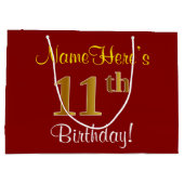 赤エレガント、フェイク金ゴールド11誕生日、名前をカスタムする ラージペーパーバッグ (裏面)