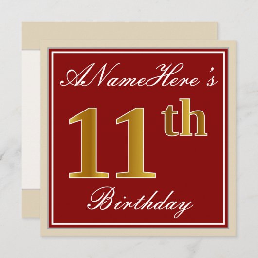 赤エレガント、フェイク金ゴールド11誕生日、名前をカスタムする 招待状 (正面/裏面)