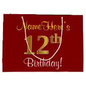 赤エレガント、フェイク金ゴールド12誕生日、名前をカスタムする ラージペーパーバッグ (裏面)
