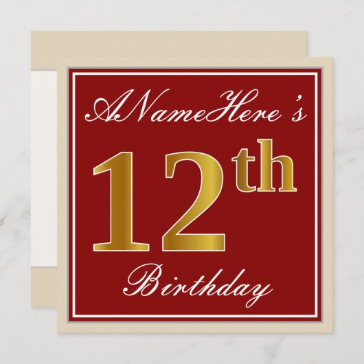 赤エレガント、フェイク金ゴールド12誕生日、名前をカスタムする 招待状 (正面/裏面)