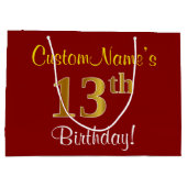 赤エレガント、フェイク金ゴールド13誕生日、名前をカスタムする ラージペーパーバッグ (裏面)