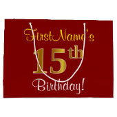 赤エレガント、フェイク金ゴールド15誕生日、名前をカスタムする ラージペーパーバッグ (裏面)