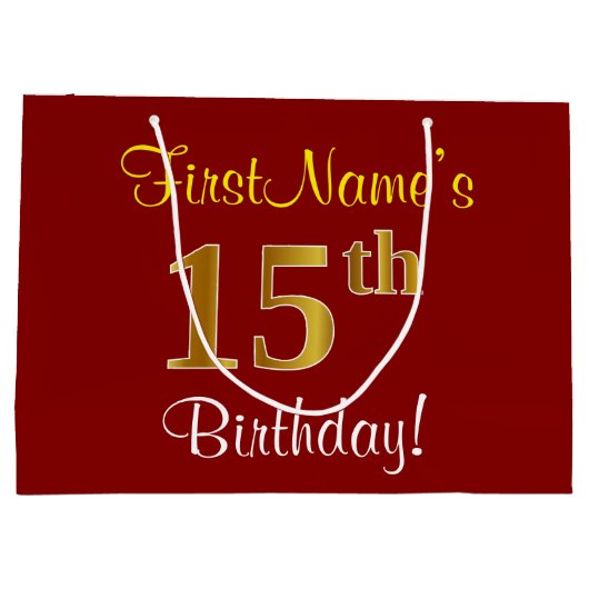 赤エレガント、フェイク金ゴールド15誕生日、名前をカスタムする ラージペーパーバッグ (裏面)