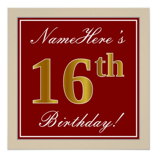 赤エレガント、フェイク金ゴールド16番目の誕生日、名前をカスタムする ポスター (正面)