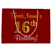 赤エレガント、フェイク金ゴールド16番目の誕生日、名前をカスタムする ラージペーパーバッグ (裏面)