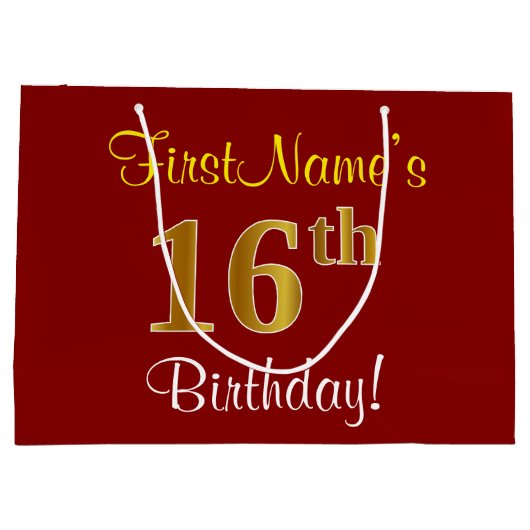 赤エレガント、フェイク金ゴールド16番目の誕生日、名前をカスタムする ラージペーパーバッグ (裏面)