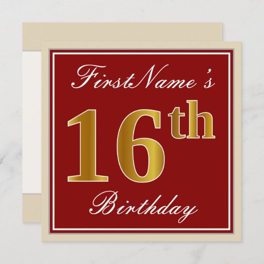 赤エレガント、フェイク金ゴールド16番目の誕生日、名前をカスタムする 招待状 (正面/裏面)