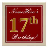 赤エレガント、フェイク金ゴールド17番目の誕生日、名前をカスタムする ポスター (正面)
