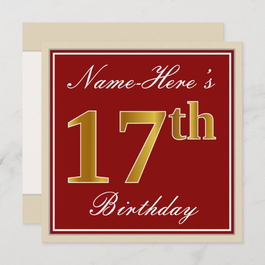 赤エレガント、フェイク金ゴールド17番目の誕生日、名前をカスタムする 招待状 (正面/裏面)
