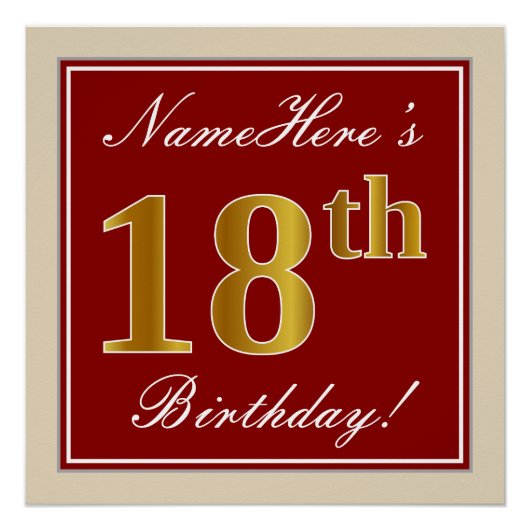 赤エレガント、フェイク金ゴールド18誕生日、名前をカスタムする ポスター (正面)