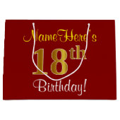 赤エレガント、フェイク金ゴールド18誕生日、名前をカスタムする ラージペーパーバッグ (正面)