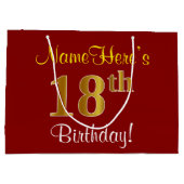 赤エレガント、フェイク金ゴールド18誕生日、名前をカスタムする ラージペーパーバッグ (裏面)