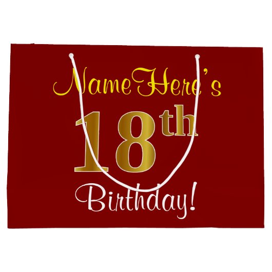 赤エレガント、フェイク金ゴールド18誕生日、名前をカスタムする ラージペーパーバッグ (裏面)