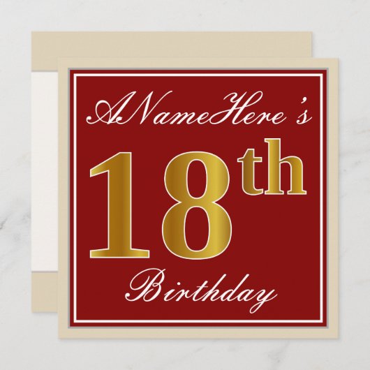 赤エレガント、フェイク金ゴールド18誕生日、名前をカスタムする 招待状 (正面/裏面)