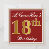 赤エレガント、フェイク金ゴールド18誕生日、名前をカスタムする 招待状 (正面)