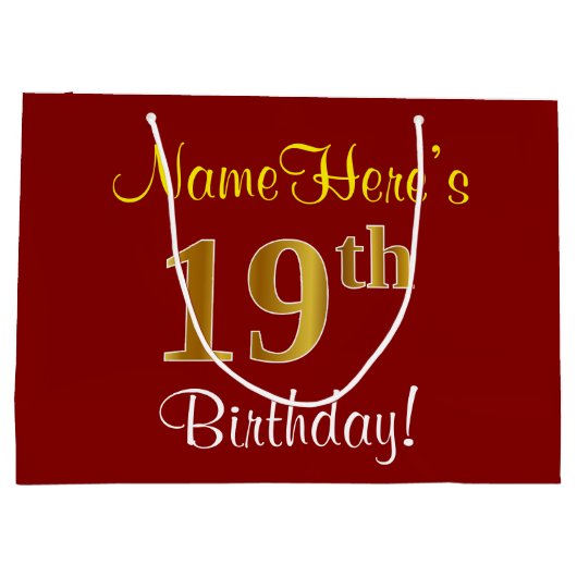 赤エレガント、フェイク金ゴールド19誕生日、名前をカスタムする ラージペーパーバッグ (裏面)