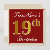 赤エレガント、フェイク金ゴールド19誕生日、名前をカスタムする 招待状 (正面/裏面)
