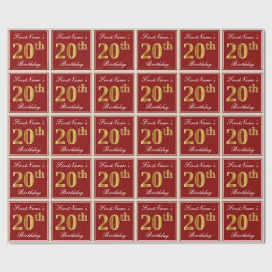 赤エレガント、フェイク金ゴールド20誕生日、名前をカスタムする ラッピングペーパー (フラット)