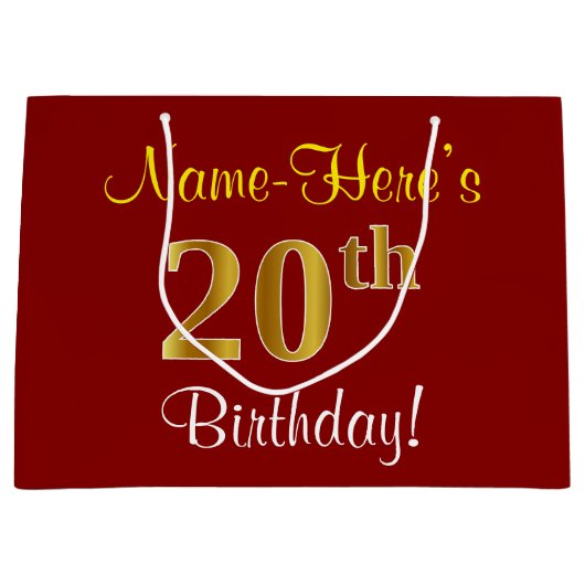 赤エレガント、フェイク金ゴールド20誕生日、名前をカスタムする ラージペーパーバッグ (正面)