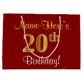 赤エレガント、フェイク金ゴールド20誕生日、名前をカスタムする ラージペーパーバッグ (裏面)