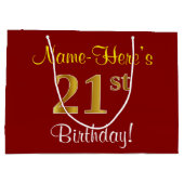 赤エレガント、フェイク金ゴールド21歳、名前をカスタムする ラージペーパーバッグ (裏面)