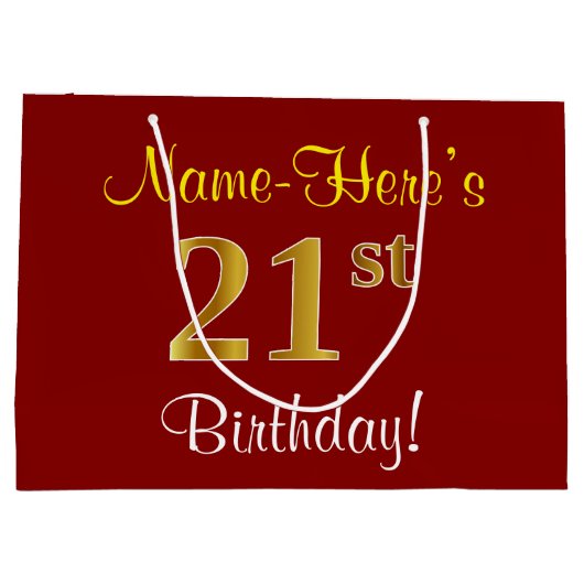 赤エレガント、フェイク金ゴールド21歳、名前をカスタムする ラージペーパーバッグ (裏面)