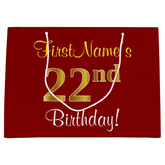 赤エレガント、フェイク金ゴールド22番目の誕生日、名前をカスタムする ラージペーパーバッグ (正面)