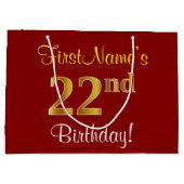赤エレガント、フェイク金ゴールド22番目の誕生日、名前をカスタムする ラージペーパーバッグ (裏面)