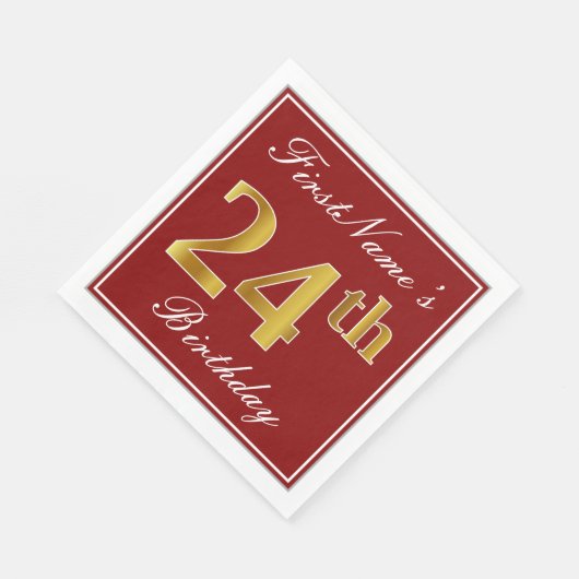 赤エレガント、フェイク金ゴールド24番目の誕生日+名前をカスタムする スタンダードランチョンナプキン (角)