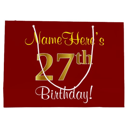 赤エレガント、フェイク金ゴールド27番目の誕生日、名前をカスタムする ラージペーパーバッグ (裏面)